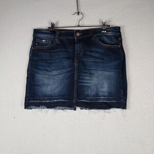 KanCan Denim Mini Skirt Womens Large Dark Wash Raw Hem Stretch Distressed